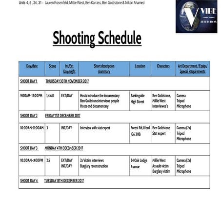 Shooting Schedule