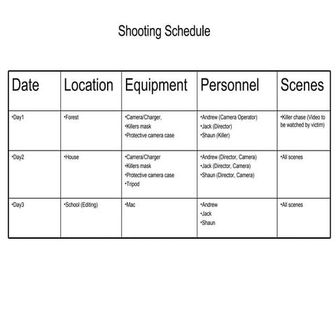Shooting Schedule Peek A Boo
