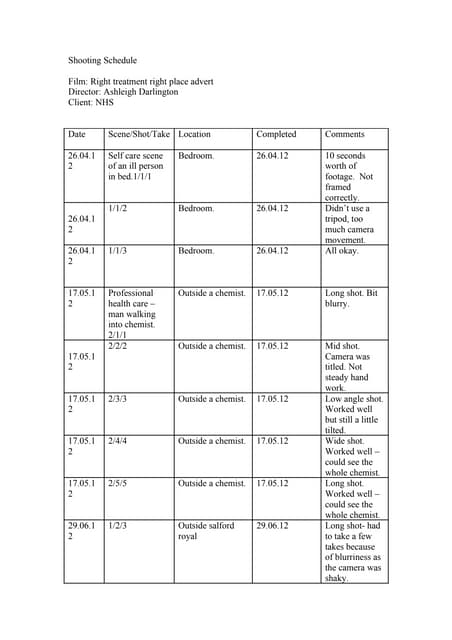 Shooting schedule template