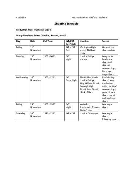 Shooting schedule (tomorrows location & scenes can be added to)