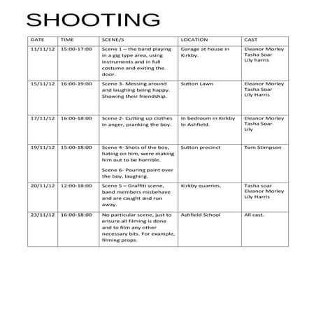 Shooting schedule