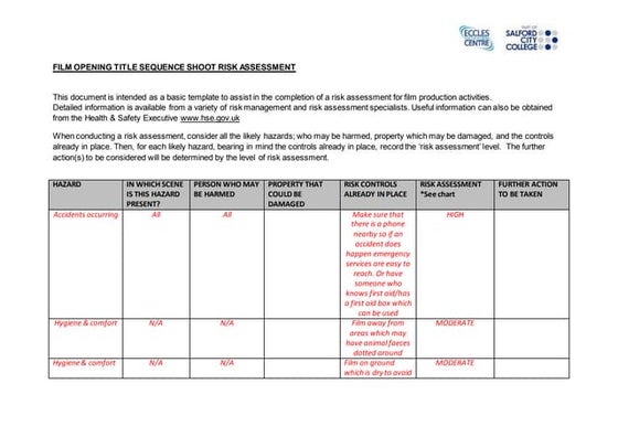 Call Sheet, Risk Assessment & Shooting Schedule | DOCX