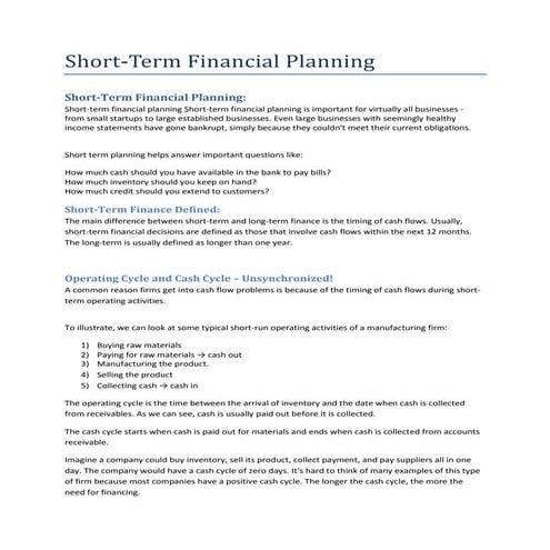 Short term financial planning