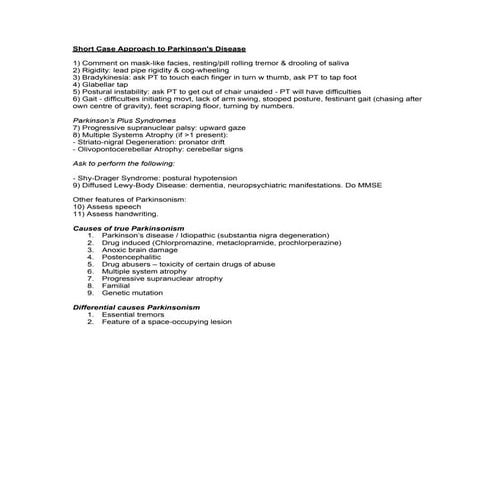 Short case approach to parkinson's dz summary | PDF