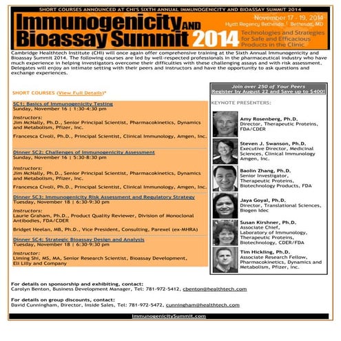Short Courses at CHI's Immunogenicity and Bioassay Summit 2014