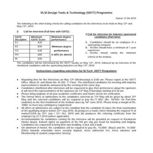 Shortlisting criteria for m.tech(vdtt) 1