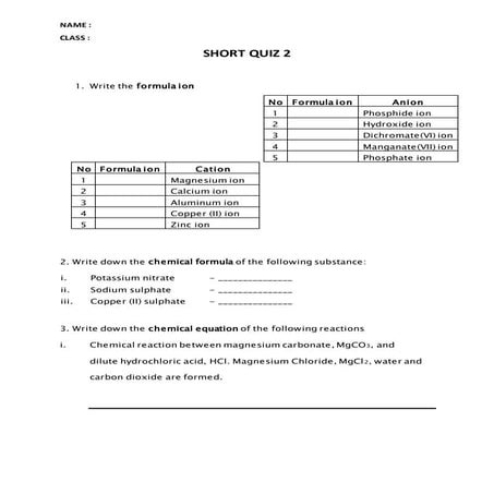 Short quiz 2  Chemistry