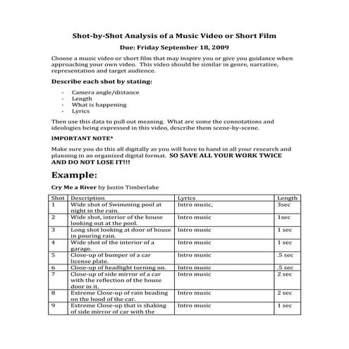 Shot by-shot analysis assignment