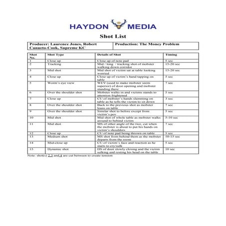 Shot list | DOCX