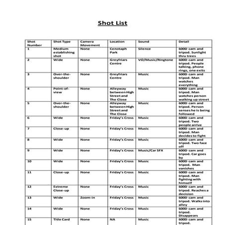 Shot list | DOCX