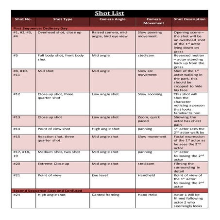 Narrative Shot List | DOCX