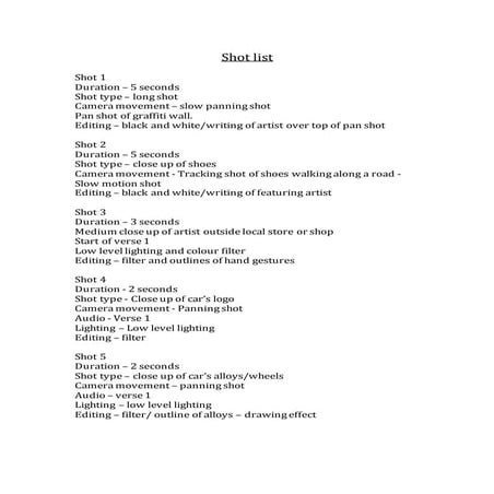 Shot list template | DOCX