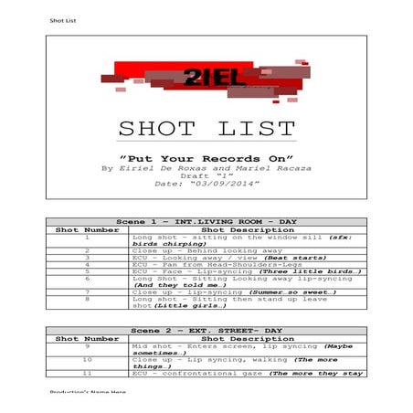 2iel Production Shot list.