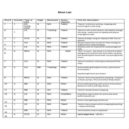 Shot list A2 EMMA BENTLEY