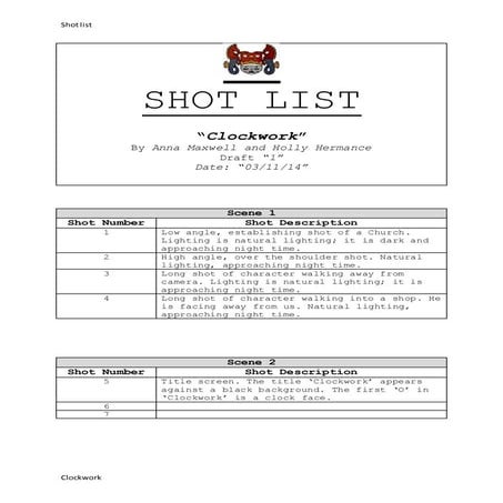 Clockwork - Shot List 1 | DOCX