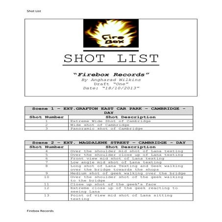 Shot List -  Draft One