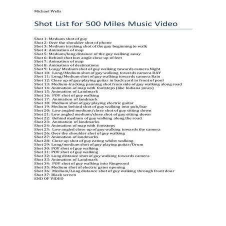 Shot list for 500 miles music video