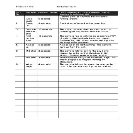 Shot list template 2017 | DOCX