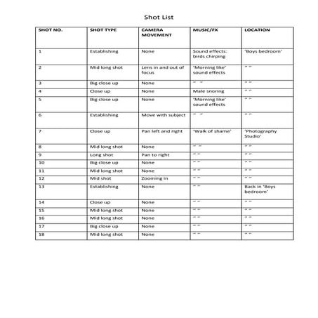 Shot list | DOCX