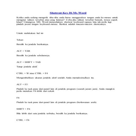 Shotrcut key di ms word