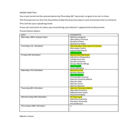 Show and tell list | DOCX
