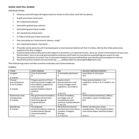 Show and tell modified rubric | DOCX