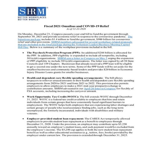 SHRM Coronavirus Relief Package Provisions Summary