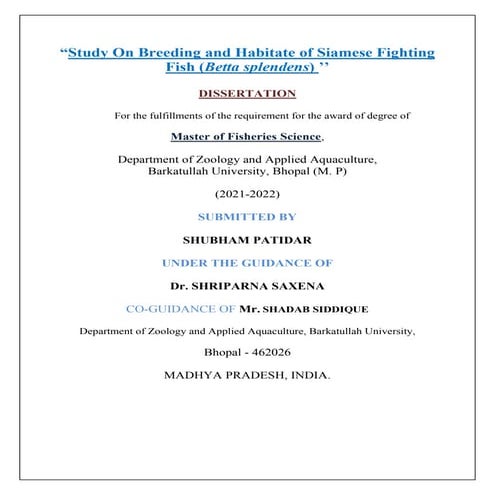 Breeding and Habitat of Siamese fighter fish Thesis (Desertation) | PDF