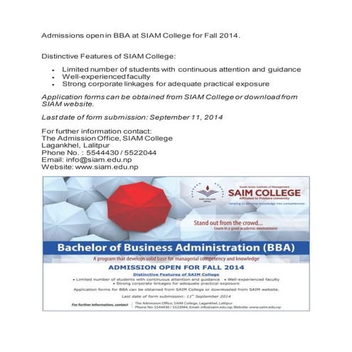 SIAM College announces admissions open for Fall 2014.