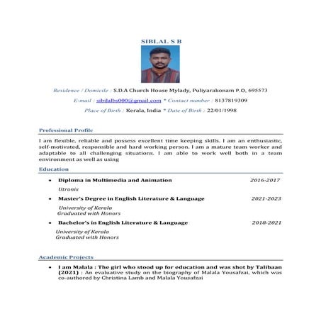 Comprehensive Academic and Professional Profile of Siblal S B | PDF
