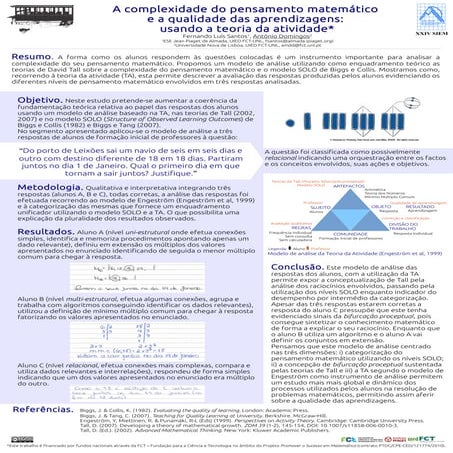 A complexidade do pensamento matemático e a qualidade das aprendizagens: usando a teoria da atividade