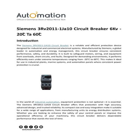 Siemens 3Rv2011-1Ja10 Circuit Breaker 6Kv -20˚C Ta 60˚C