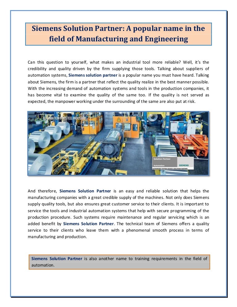 Siemens Solution Partner A Popular Name In Field Of Manufacturing An