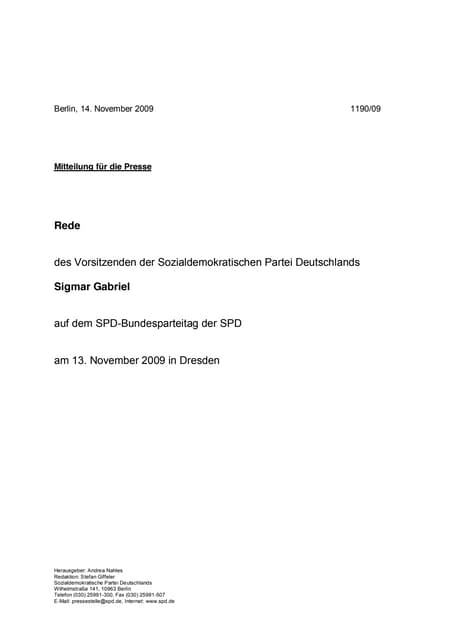 Rede von Sigmar Gabriel, SPD-Bundesparteitag in Dresden, 13. November 2009