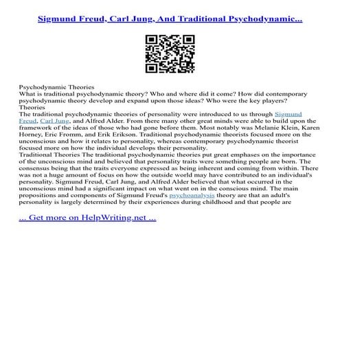 Sigmund Freud, Carl Jung, And Traditional Psychodynamic...