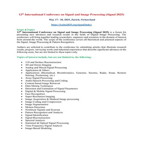 12th International Conference on Signal and Image Processing (Signal 2025)