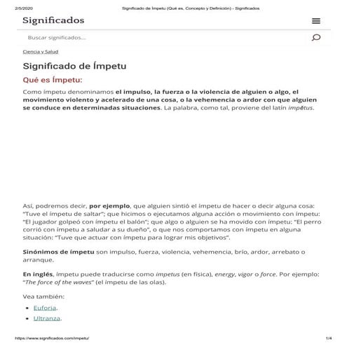 Significado de ímpetu (qué es, concepto y definición) significados | PDF