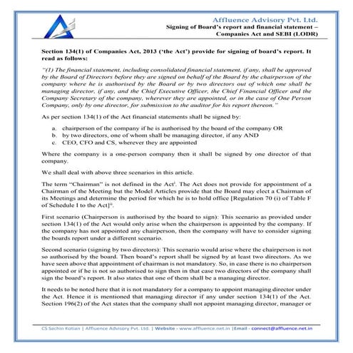 Signing of Board’s report and financial statement – Companies Act and SEBI (L...