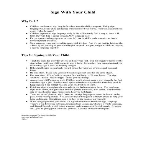 Liven Up Baby and Toddler Storytimes with Sign Language: Parent Handout (March 2018)