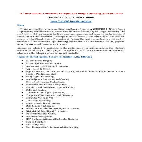 11th International Conference on Signal and Image Processing (SIGPRO 2025)