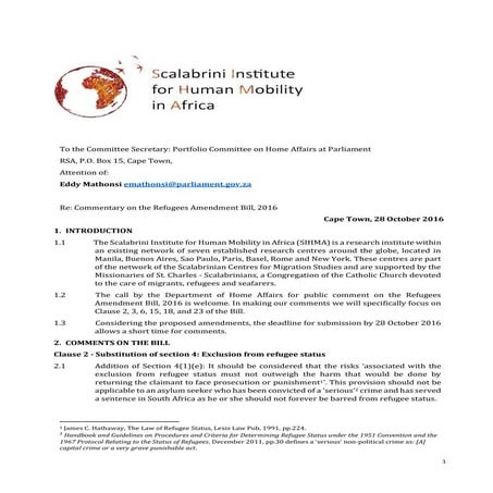 Sihma submission 2016_refugees_amendment_bill