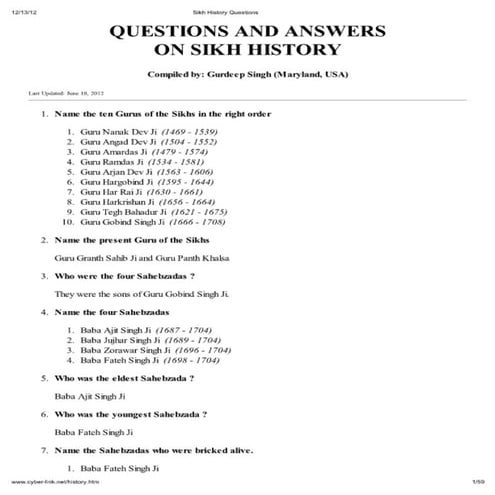 Sikh history questions | PDF
