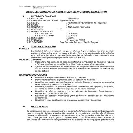 Silabo fomulacion de evaluacion de proyectos 2009 i