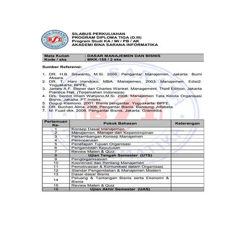Silabus dasar manajemen dan bisnis