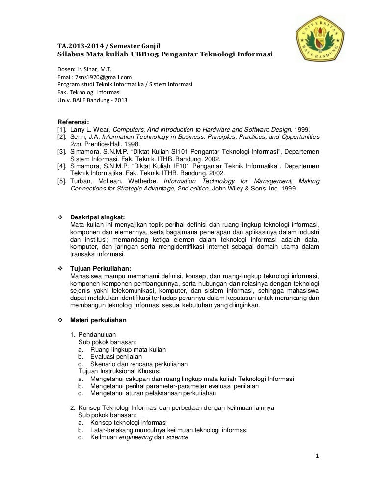 Silabus UBB105 Pengantar Teknologi Informasi