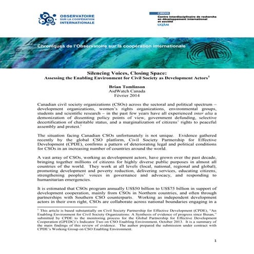 Silencing voices, closing space assessing the enabling environment for civil ...