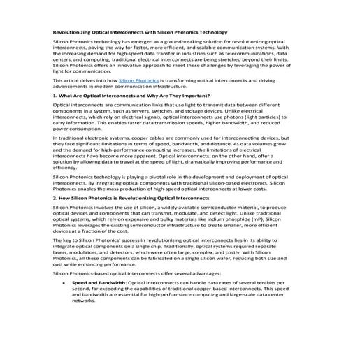 Revolutionizing Optical Interconnects with Silicon Photonics Technology