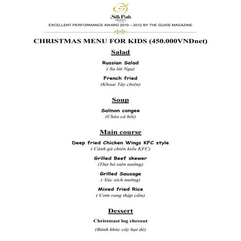 Silk path hotel menu for children x'mas 2012