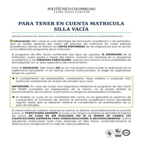 Programa de Silla Vacía PCJIC. Información para tener en cuenta | PDF