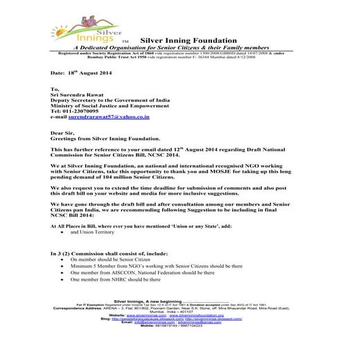 Silver Inning Foundation Sugestions for Draft NCSC BILL 2014